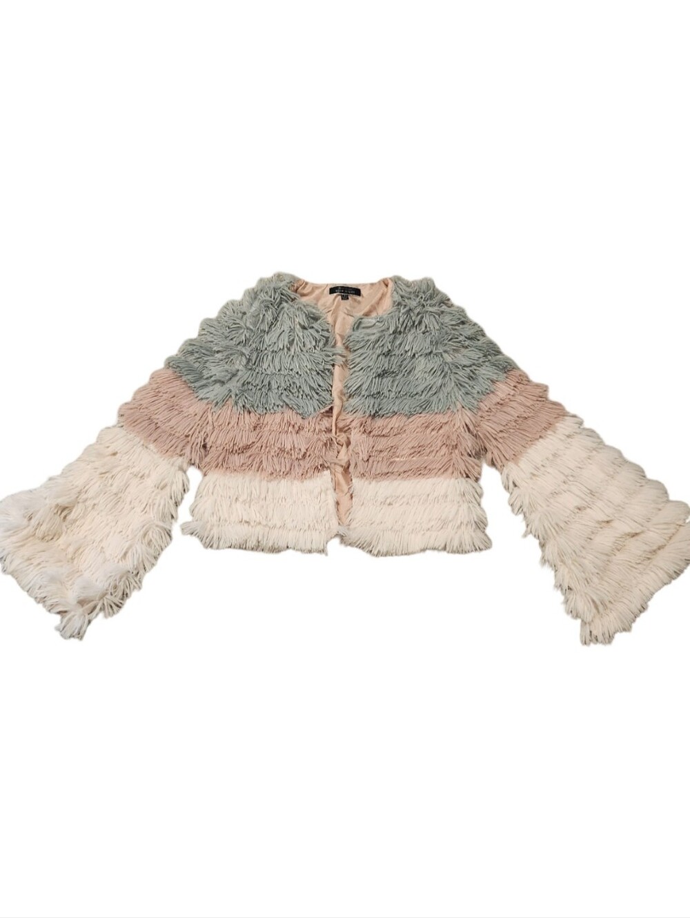 Blue Blush Layered Fringe Teddy Jacket in Sage, Blush & Cream